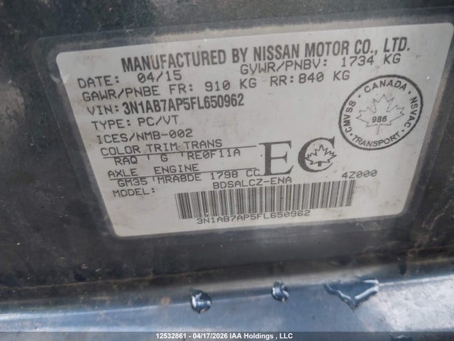 12532861 :رقم المزاد ، 3N1AB7AP5FL650962 vin ، 2015 Nissan Sentra 1.8 S/1.8 Sl/1.8 Sr/1.8 Sv مزاد بيع
