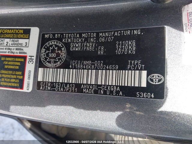 Продаж на аукціоні авто 2007 Toyota Camry Hybrid, vin: 4T1BB46K87U024659, номер лоту: 12532900