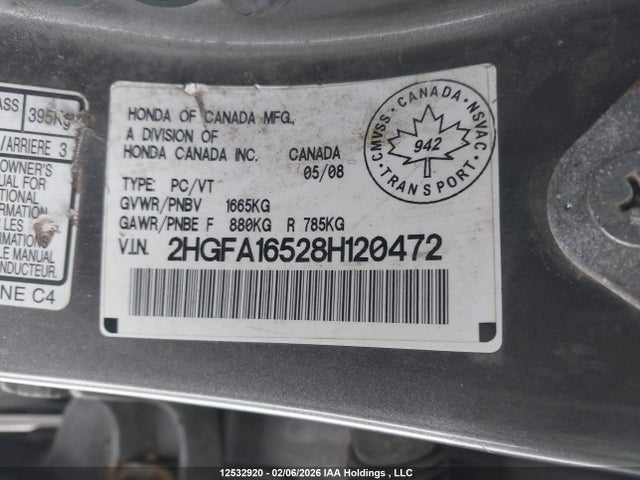 12532920 :رقم المزاد ، 2HGFA16528H120472 vin ، 2008 Honda Civic مزاد بيع