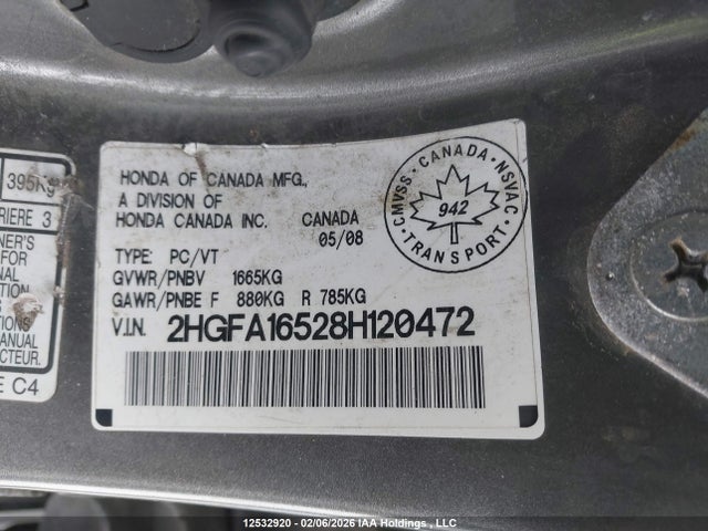 12532920 :رقم المزاد ، 2HGFA16528H120472 vin ، 2008 Honda Civic مزاد بيع