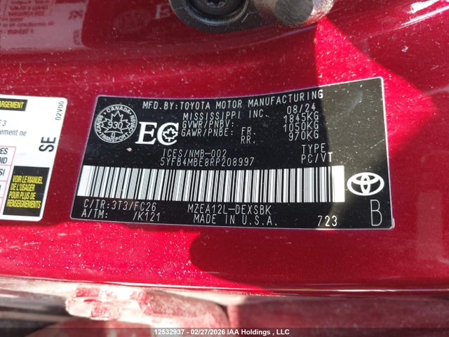 2024 Toyota Corolla Se მანქანა იყიდება აუქციონზე, vin: 5YFB4MBE8RP208997, აუქციონის ნომერი: 12532937