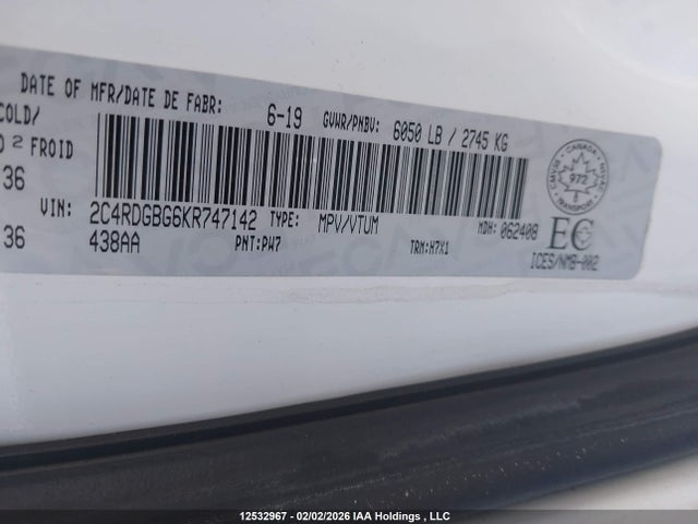 Aukcja sprzedaży 2019 Dodge Grand Caravan Cvp/sxt, vin: 2C4RDGBG6KR747142, numer aukcji: 12532967