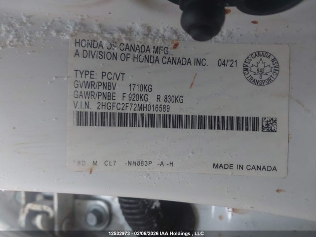 2021 Honda Civic Ex მანქანა იყიდება აუქციონზე, vin: 2HGFC2F72MH016589, აუქციონის ნომერი: 12532973