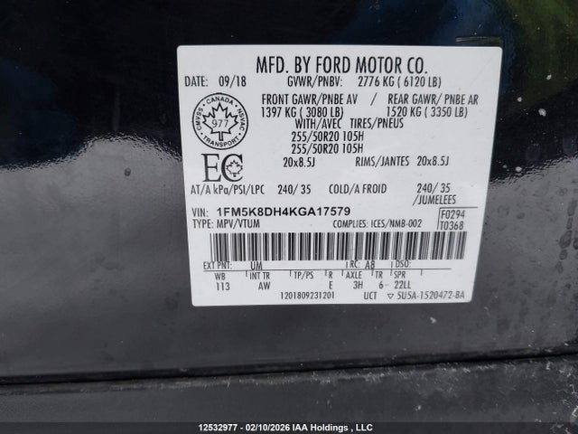 1FM5K8DH4KGA17579 Ford EXPLORER XLT
