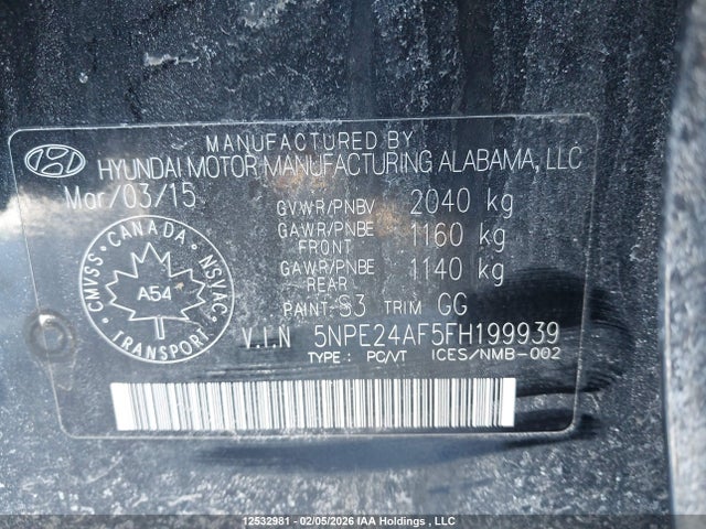 5NPE24AF5FH199939 Hyundai SONATA GLS