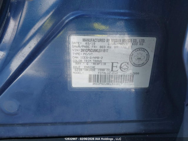 3N1CP5CU9KL511817 Nissan Kicks S/sr/sv