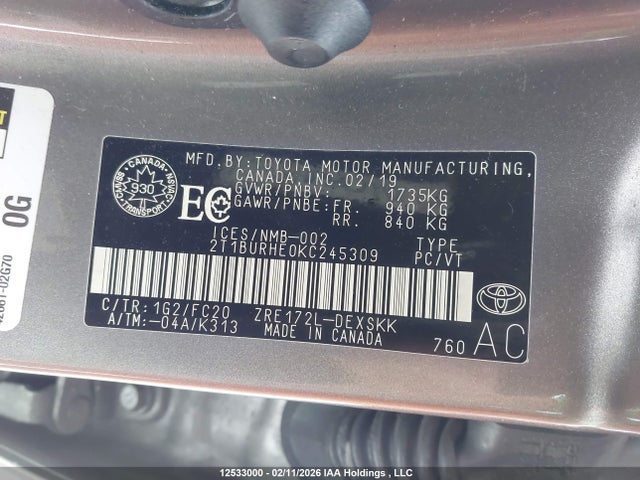 2019 Toyota Corolla Se მანქანა იყიდება აუქციონზე, vin: 2T1BURHE0KC245309, აუქციონის ნომერი: 12533000
