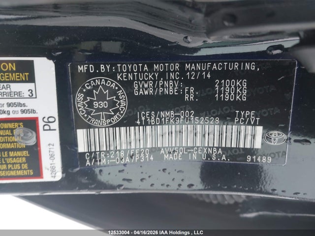4T1BD1FK9FU152528 Toyota Camry Hybrid/le/xle/se