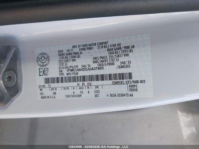 12533008 :رقم المزاد ، 1FMCU9HD3JUA37403 vin ، 2018 Ford Escape Sel مزاد بيع