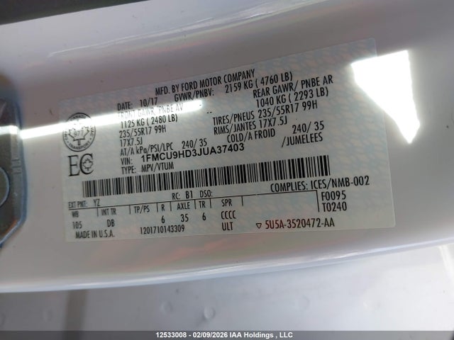 12533008 :رقم المزاد ، 1FMCU9HD3JUA37403 vin ، 2018 Ford Escape Sel مزاد بيع