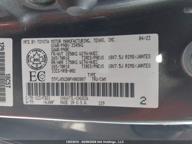 5TFLA5GD0PX002087 Toyota Tundra Double Cab Sr/double Cab Sr5