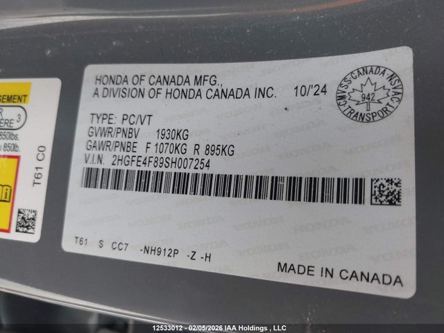 Продаж на аукціоні авто 2025 Honda Civic Sport Hybrid/sport Touring Hybrid, vin: 2HGFE4F89SH007254, номер лоту: 12533012