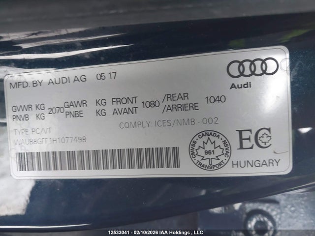 Продажа на аукционе авто 2017 Audi A3, vin: WAUB8GFF1H1077498, номер лота: 12533041
