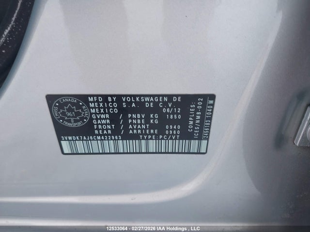 Продажа на аукционе авто 2012 Volkswagen Jetta 2.0l Comfortline, vin: 3VWDK7AJ6CM422963, номер лота: 12533064