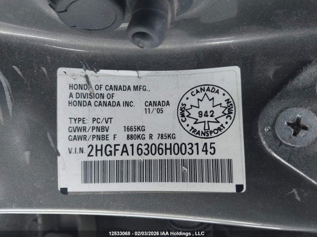 Aukcja sprzedaży 2006 Honda Civic Dx Vp, vin: 2HGFA16306H003145, numer aukcji: 12533068