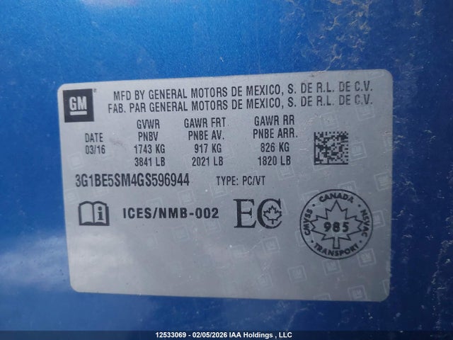 3G1BE5SM4GS596944 Chevrolet Cruze Lt Auto