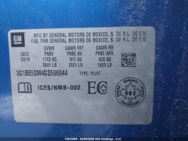 3G1BE5SM4GS596944 Chevrolet Cruze Lt Auto