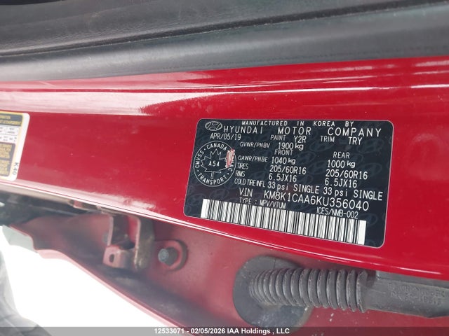 KM8K1CAA6KU356040 Hyundai Kona 2.0l Essential