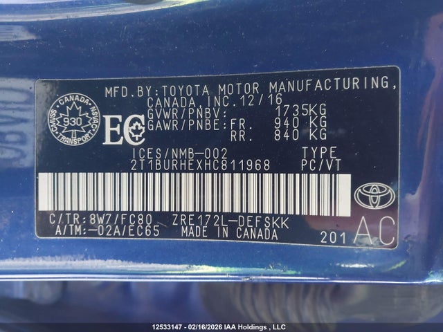 12533147 :رقم المزاد ، 2T1BURHEXHC811968 vin ، 2017 Toyota Corolla مزاد بيع