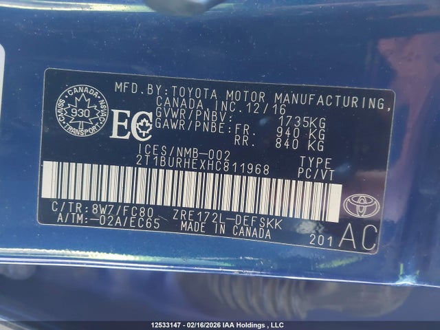 12533147 :رقم المزاد ، 2T1BURHEXHC811968 vin ، 2017 Toyota Corolla مزاد بيع