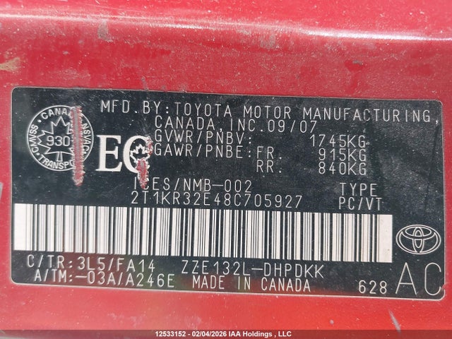 Продажа на аукционе авто 2008 Toyota Matrix Xr, vin: 2T1KR32E48C705927, номер лота: 12533152
