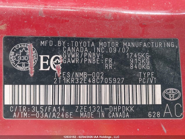 Продажа на аукционе авто 2008 Toyota Matrix Xr, vin: 2T1KR32E48C705927, номер лота: 12533152