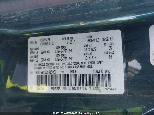 12533155 :رقم المزاد ، 1B7KF26C1SS315031 vin ، 1995 Dodge Ram 2500 مزاد بيع