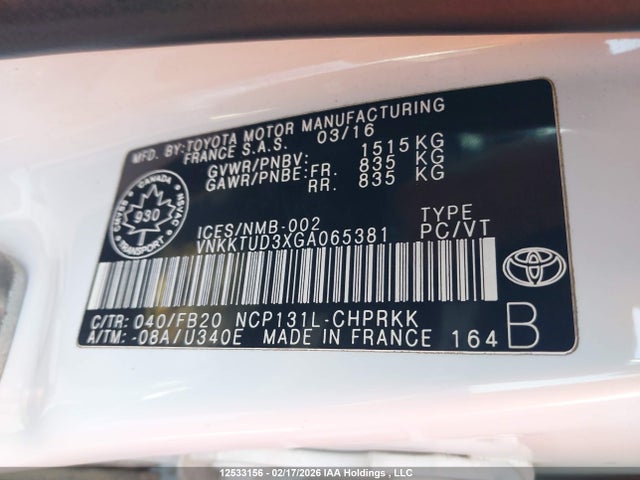 VNKKTUD3XGA065381 Toyota YARIS LE