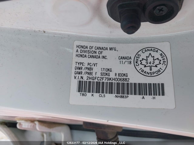 Aukcja sprzedaży 2019 Honda Civic Ex 4dr, vin: 2HGFC2F79KH006882, numer aukcji: 12533177