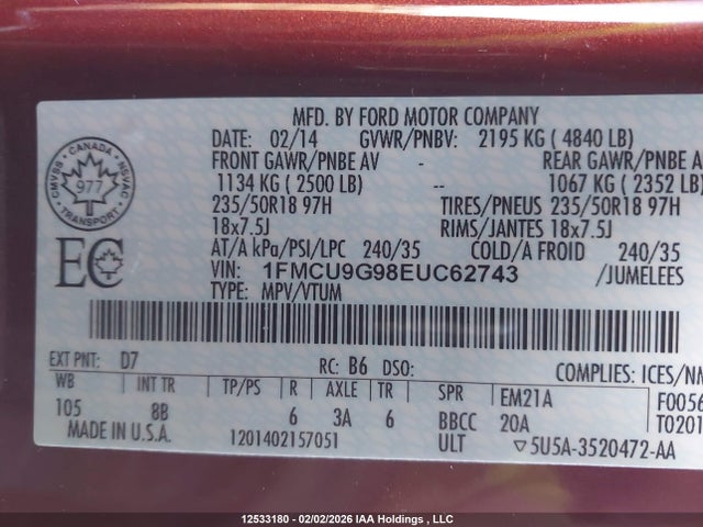 1FMCU9G98EUC62743 Ford ESCAPE SE