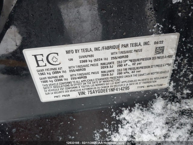 7SAYGDEE1NF414295 Tesla Model Y Long Range