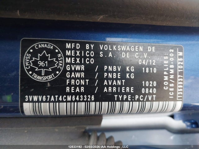 12533192 :رقم المزاد ، 3VWV67AT4CM643326 vin ، 2012 Volkswagen Beetle Turbo مزاد بيع