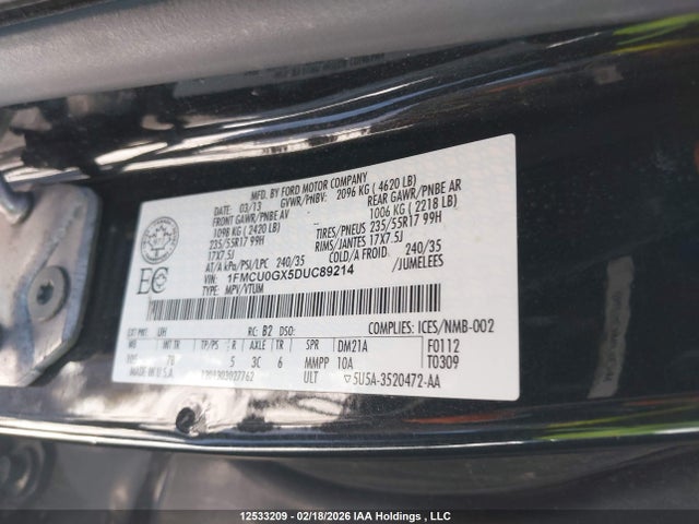 12533209 :رقم المزاد ، 1FMCU0GX5DUC89214 vin ، 2013 Ford Escape مزاد بيع
