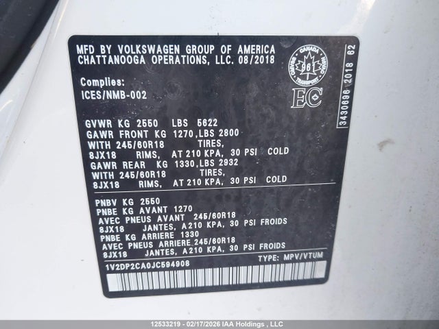 12533219 :رقم المزاد ، 1V2DP2CA0JC594908 vin ، 2018 Volkswagen Atlas 2.0 Tsi Comfortline مزاد بيع