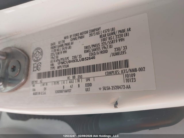 1FMCU9H93LUB52646 Ford ESCAPE SEL