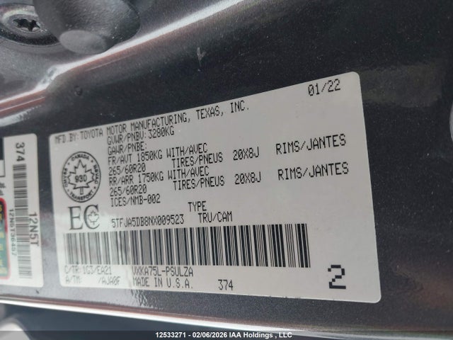 5TFJA5DB8NX009523 Toyota Tundra Crewmax Limited
