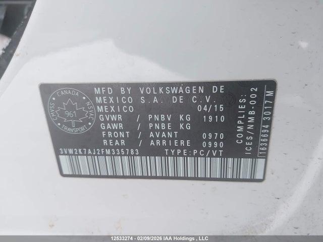 12533274 :رقم المزاد ، 3VW2K7AJ2FM335783 vin ، 2015 Volkswagen Jetta 2.0l Trendline/2.0l Trendline+ مزاد بيع