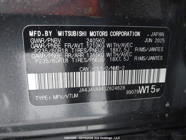 12533282 :رقم المزاد ، JA4J4VA84SZ624628 vin ، 2025 Mitsubishi Outlander مزاد بيع