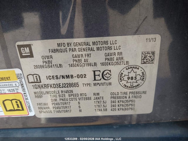 1GNKRFKD3EJ228665 Chevrolet Traverse Ls