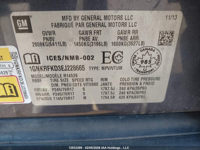 1GNKRFKD3EJ228665 Chevrolet Traverse Ls