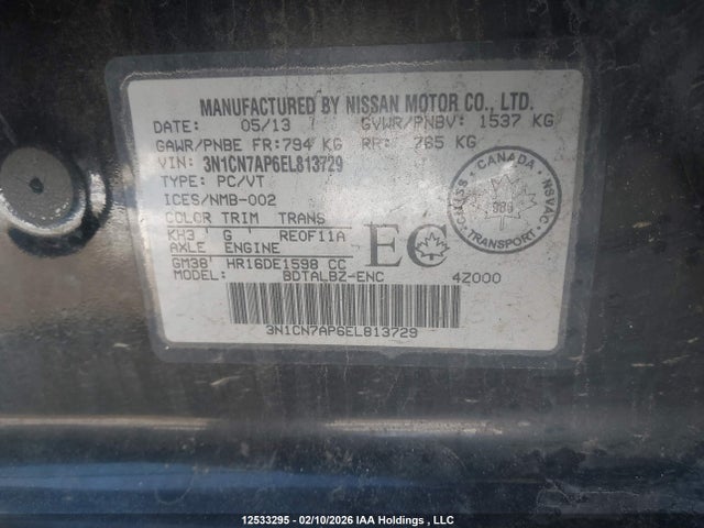 3N1CN7AP6EL813729 Nissan Versa S/s Plus/sv/sl