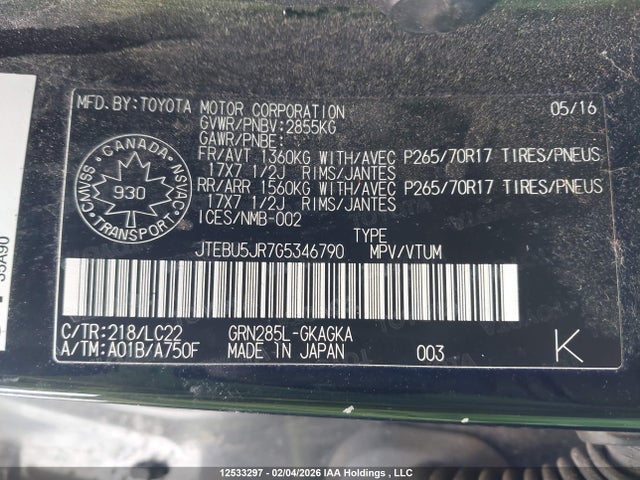 Aukcja sprzedaży 2016 Toyota 4runner Sr5 Prem/ltdl/trail/trd, vin: JTEBU5JR7G5346790, numer aukcji: 12533297