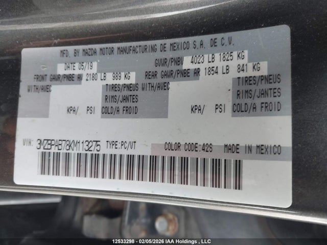 3MZBPAB78KM113275 Mazda Mazda3 Gx