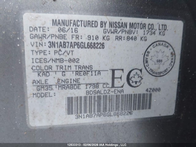 3N1AB7AP6GL668226 Nissan Sentra S/sv/sr/sl