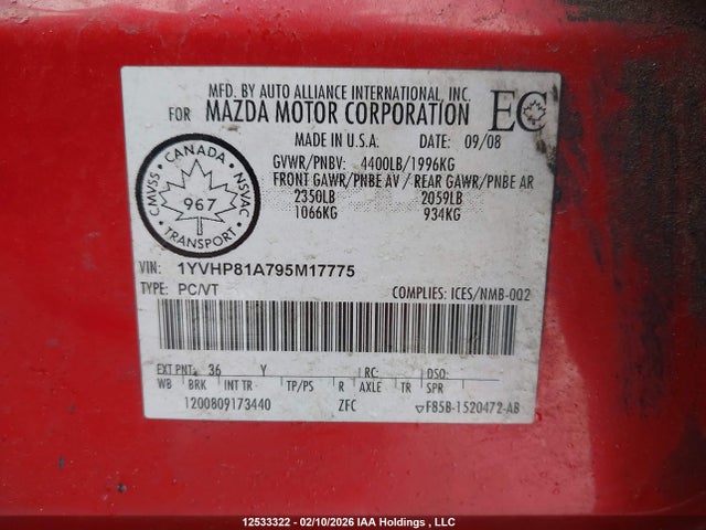 Aukcja sprzedaży 2009 Mazda Mazda6, vin: 1YVHP81A795M17775, numer aukcji: 12533322