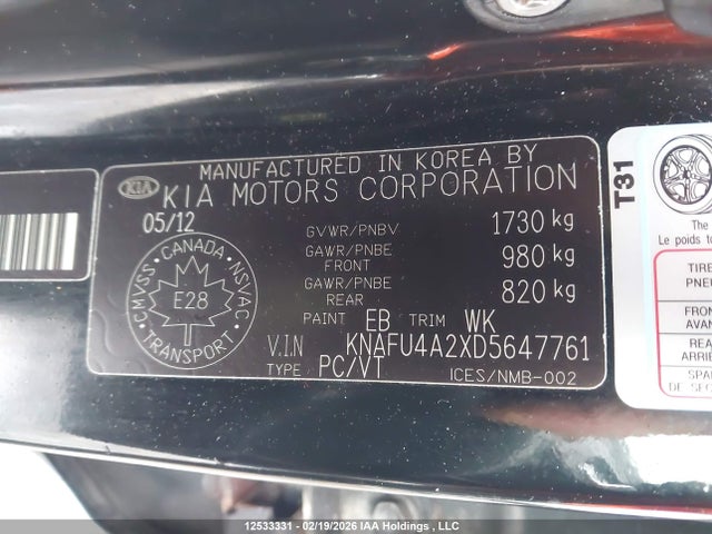 12533331 :رقم المزاد ، KNAFU4A2XD5647761 vin ، 2013 Kia Forte 2.0l Ex مزاد بيع