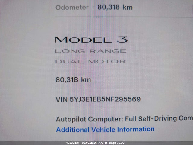 5YJ3E1EB5NF295569 Tesla MODEL 3