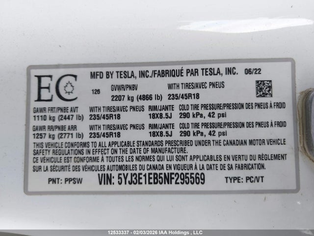5YJ3E1EB5NF295569 Tesla MODEL 3