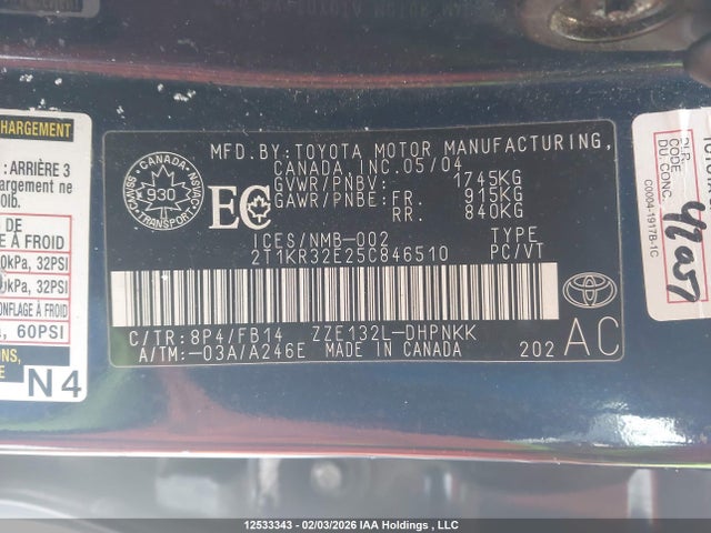 Aukcja sprzedaży 2005 Toyota Matrix Xr, vin: 2T1KR32E25C846510, numer aukcji: 12533343