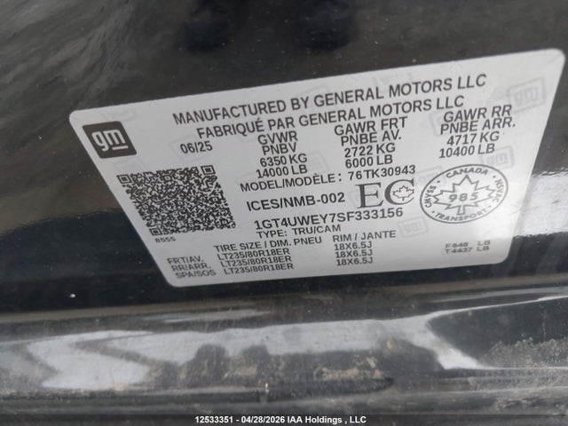 Продаж на аукціоні авто 2025 Gmc Sierra 3500, vin: 1GT4UWEY7SF333156, номер лоту: 12533351